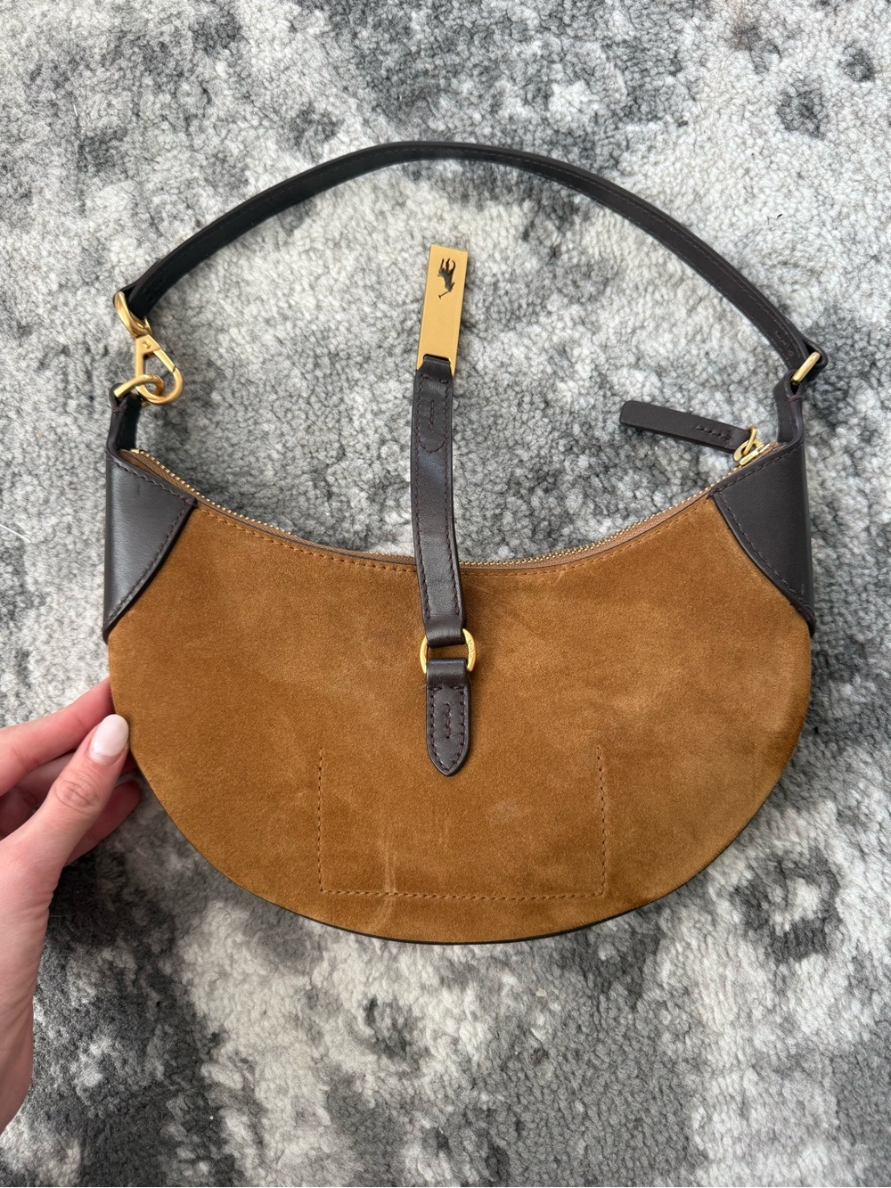 Ralph Lauren Chestnut Brown Suede Crescent Shoulder Bag with Dark Brown Trim - Picture 3 of 6